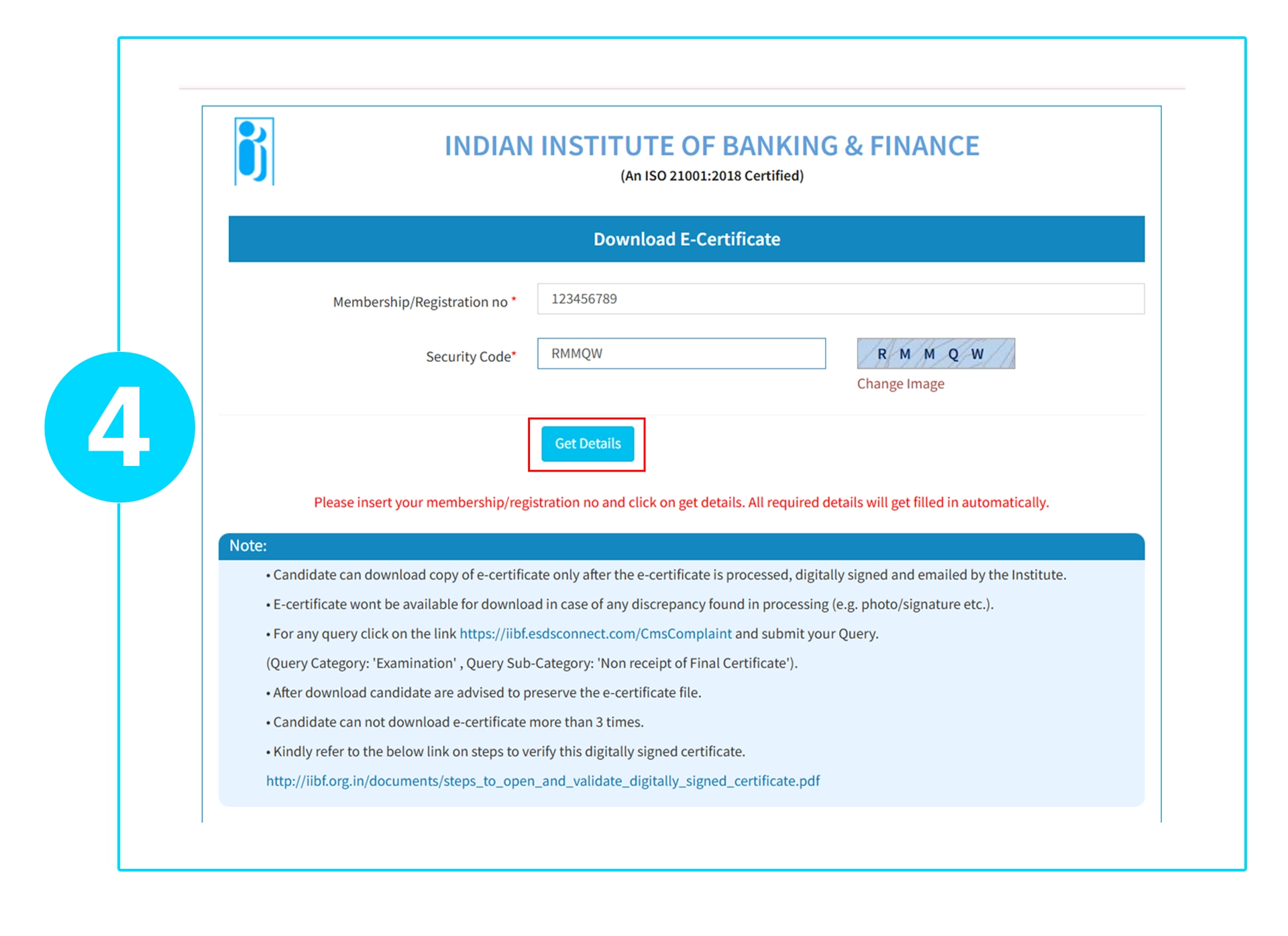 How to download JAIIB Certificate May 2025? Step 4 is to enter information and click "get details" to download JAIIB e-certificate PDF