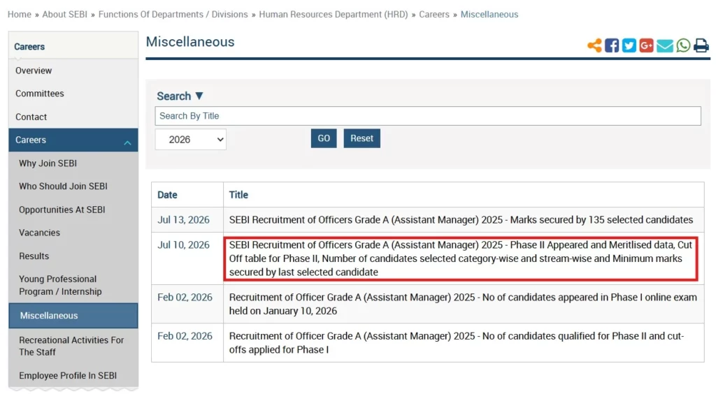 How to check SEBI Grade A Cut-Off Step 4