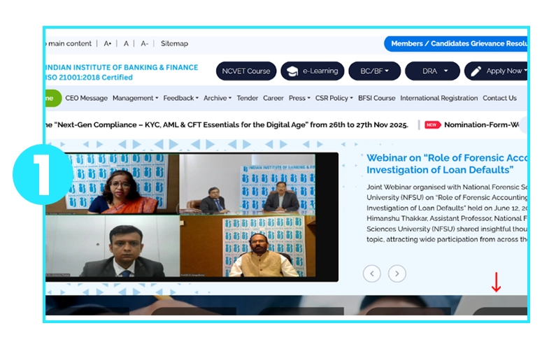 Indian Institute of Banking & Finance homepage showing navigation and announcement banner.