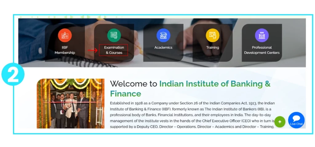 Homepage with Examination & Courses tab highlighted at Indian Institute of Banking & Finance.