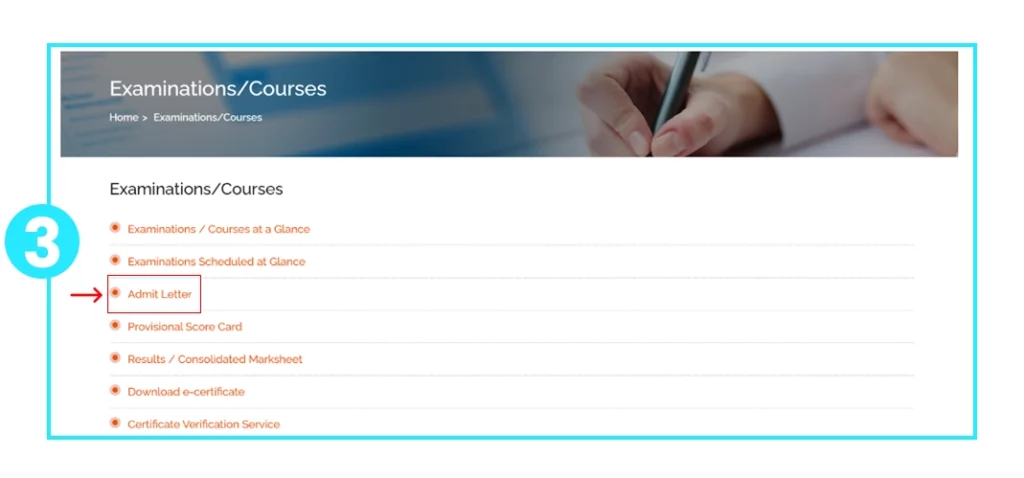 Examinations/Courses dashboard with Admit Letter link highlighted for admit card access.