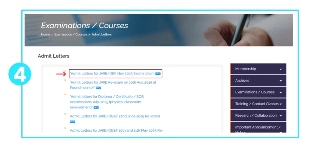 Admit Letters page listing various admit letter links including for JAIIB/DBF November examination.