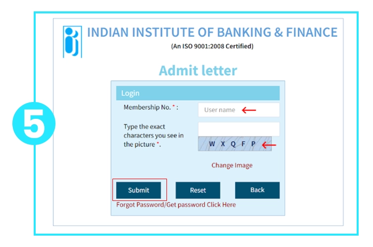 IIBF admit letter login screen showing membership number, username, captcha, and submit button for JAIIB admit card download.