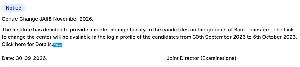 JAIIB November 2026 Center Change Requent Window.