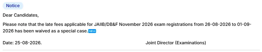 JAIIB November Registration 2026 Late Fees Waived Off