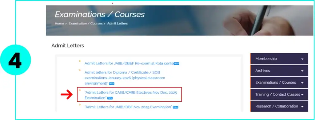 IIBF Admit Letters page under Examinations or Courses showing list of links with Admit Letters for CAIIB or CAIIB Electives Nov Dec 2025 Examination.