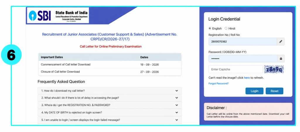 Download SBI Clerk Prelims Admit Card Step 6: Enter Your Login Credentials
