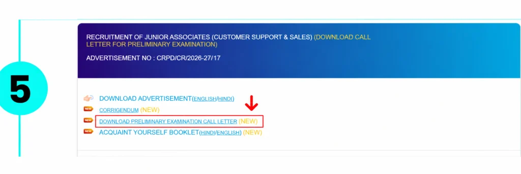 Download SBI Clerk Prelims Admit Card Step 5: Click on “Download Prelims Call Letter”
