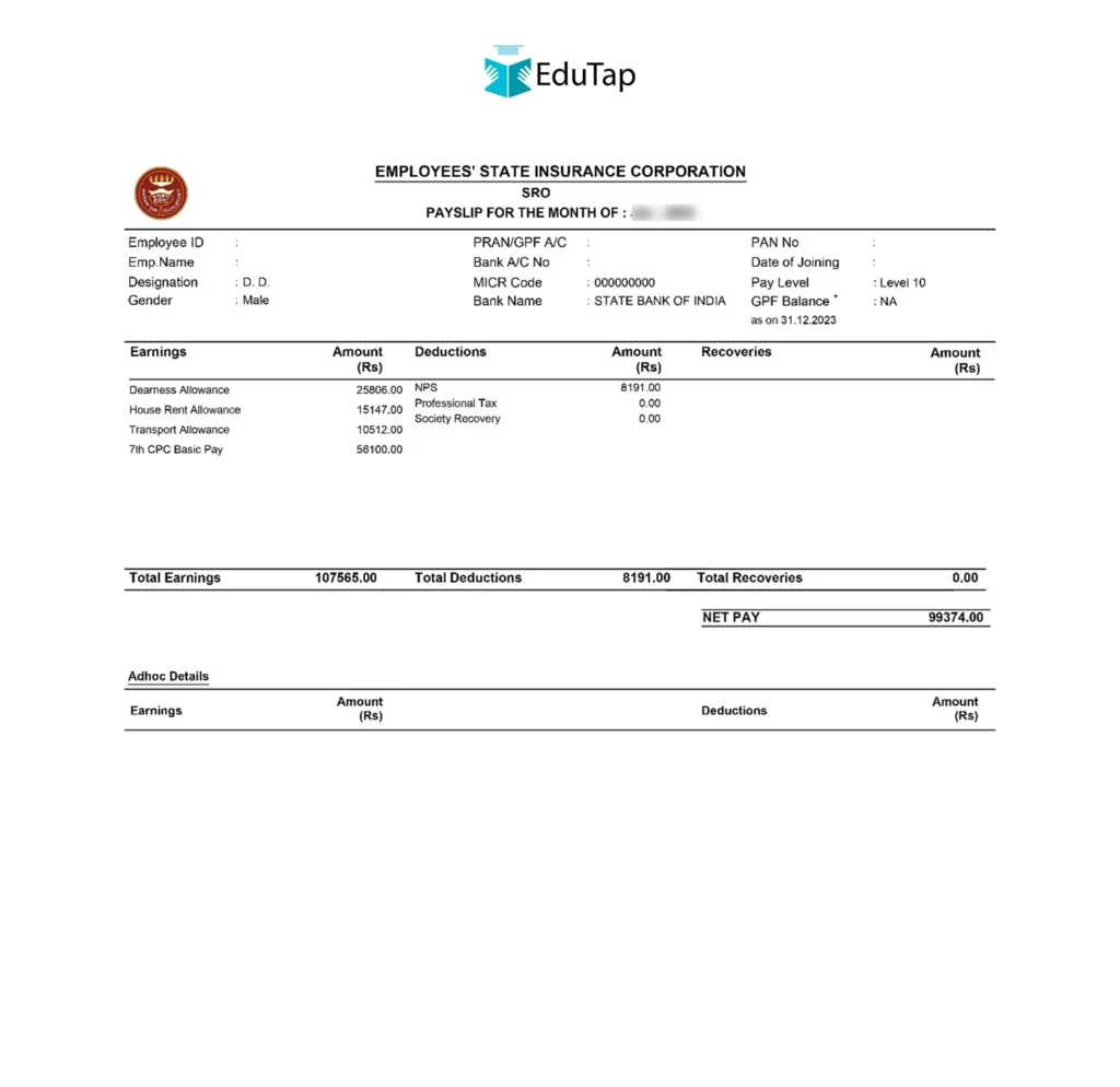 Salary slip of an ESIC Deputy Director, which includes earnings, deductions, recoveries, and net pay.