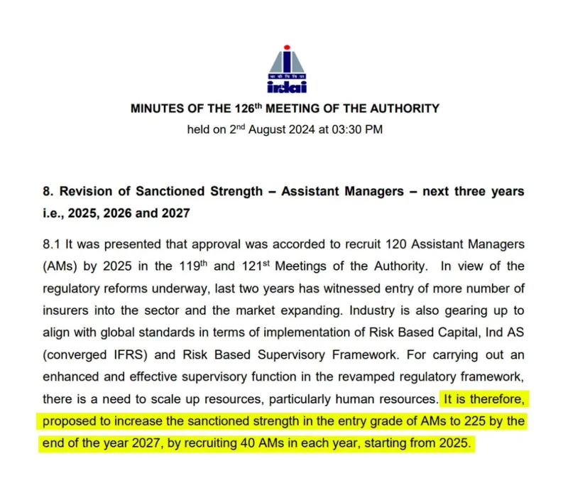 IRDAI authority meeting minutes highlighting the proposal to recruit Assistant Managers from 2025 to 2027.
