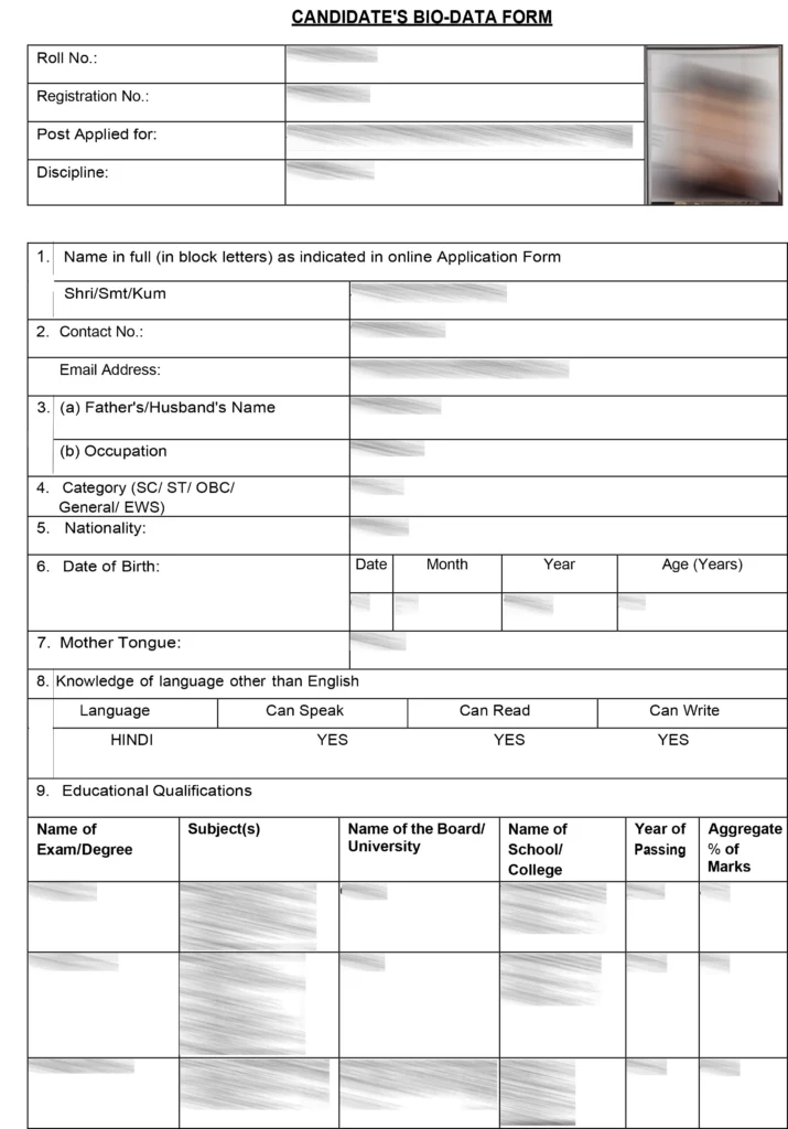 Sample of the NABARD Grade A biodata form/DAF