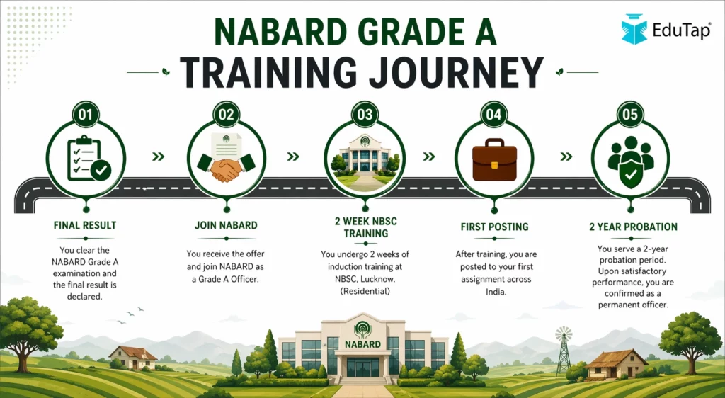 Infographic showing the NABARD Grade A training journey from final result to joining NABARD, two-week NBSC training, first posting, and two-year probation.
