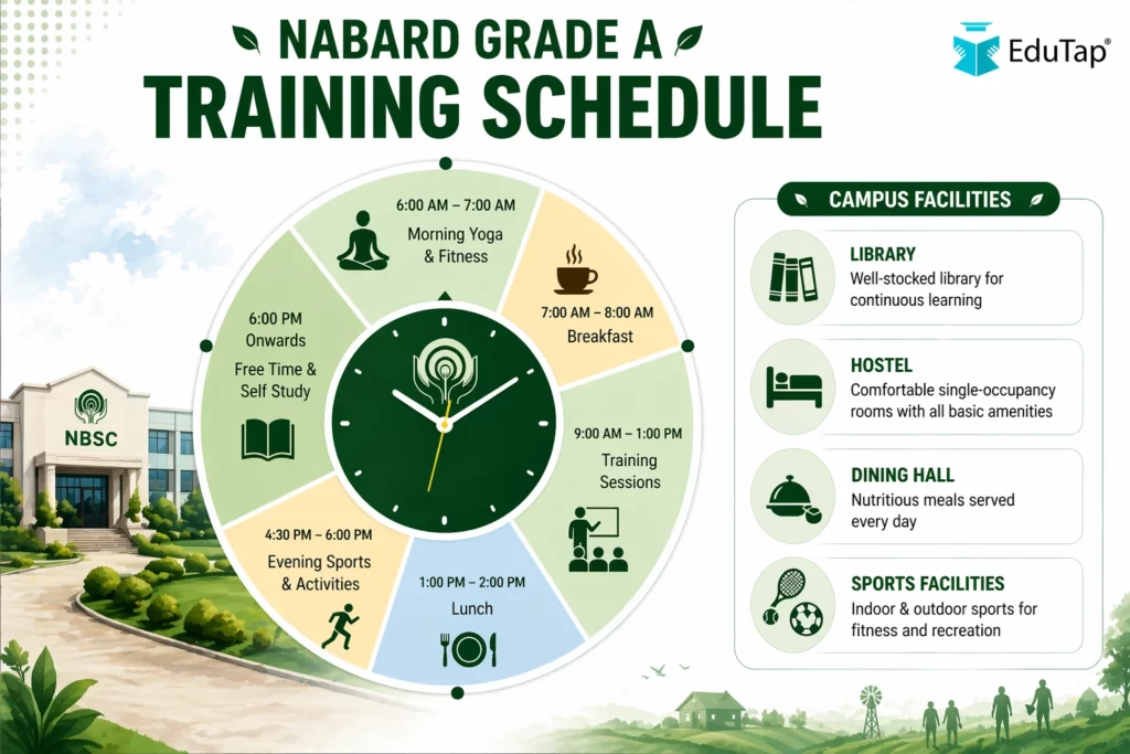 Infographic showing the NABARD Grade A training schedule, with morning yoga, breakfast, training sessions, lunch, evening sports, free time, and campus facilities.
