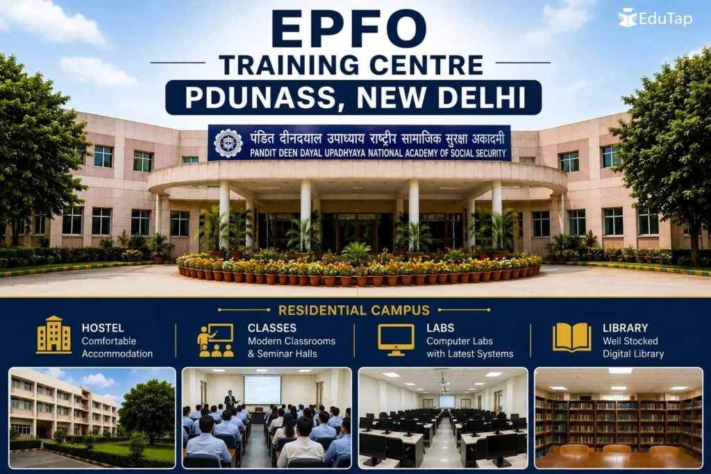 Infographic showing EPFO training centre at PDUNASS New Delhi, with residential campus facilities including hostel, classes, labs, and library.