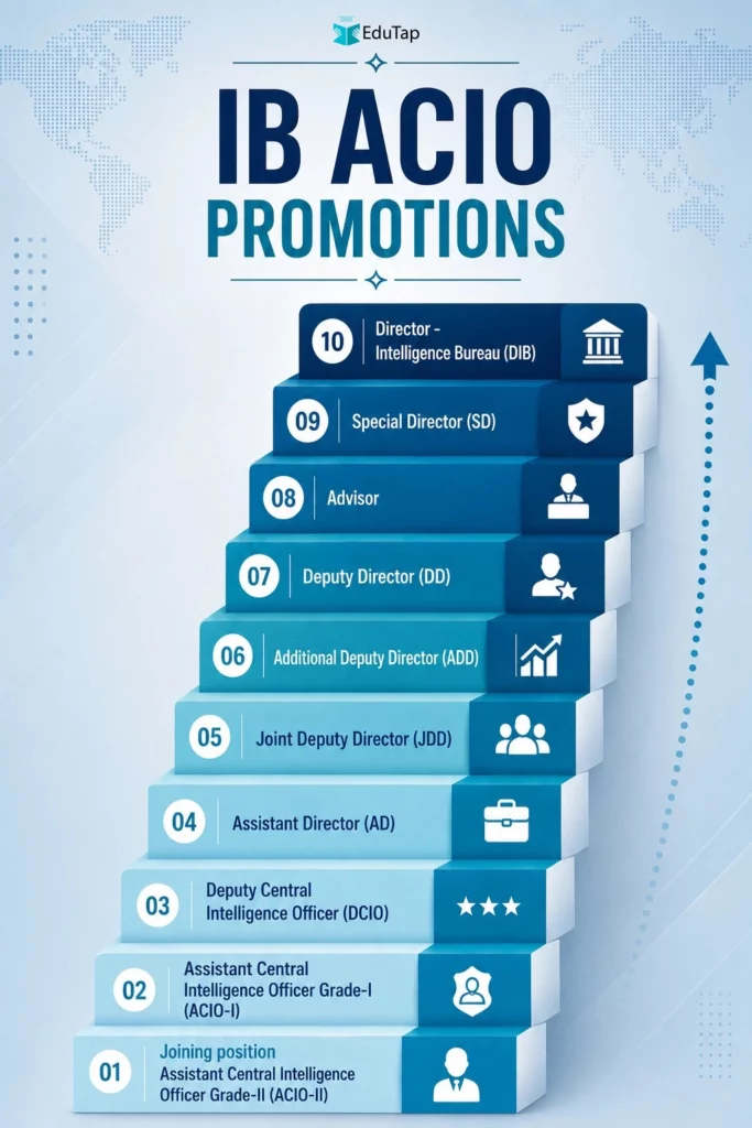 Infographic showing IB ACIO promotion hierarchy, from Assistant Central Intelligence Officer Grade-II up to Director in the Intelligence Bureau.